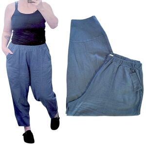 Best Tailor Slate Blue Cotton Linen Wide Leg Cropped Travel Pants L/ XL Pull On